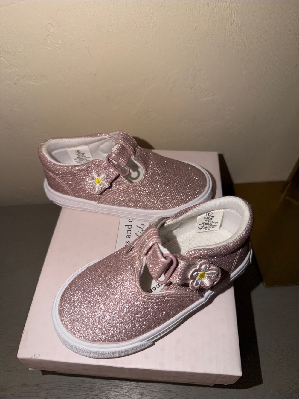 cupcakes & cashmere Glittery Pink Mary Jane Walkers with Flower Charm